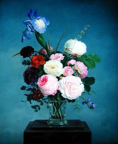 Roses and an Iris in a Glass Vase on a Marble Plinth by Johannes Ludwig Camradt