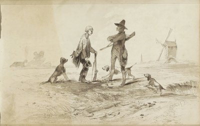 Hunters with Dogs in a Landscape with a Mill by Johannes Tavenraat