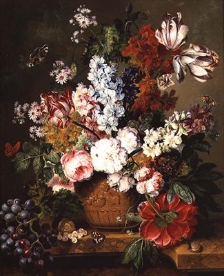 Fruit and Flowers on a Marble Ledge by Johannes or Jacobus Linthorst