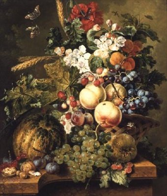 Fruit and Flowers on a Marble Ledge by Johannes or Jacobus Linthorst