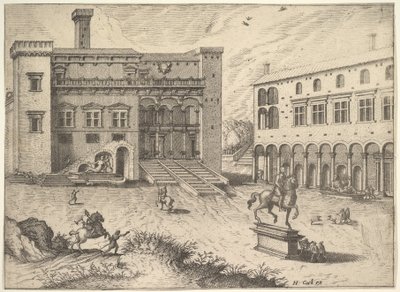 View of the Campidoglio on the Capitoline Hill, with equestrian statue at lower right by Johannes van Doetecum I
