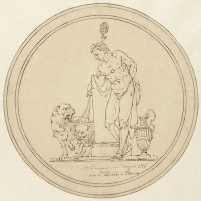 Allegorical Male Figure Standing with Two Lions by Johannes van Dregt
