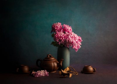Pink Chrysanthemum Teatime by John-Mei Zhong