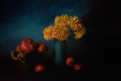Pomegranates and Golden Mums by John-Mei Zhong