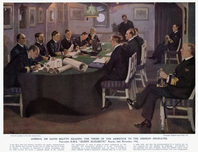 Admiral Sir David Beatty reading the terms of the armistice to the German Delegates, fore-cabin HMS Queen Elizabeth, Rosyth by John (after) Lavery