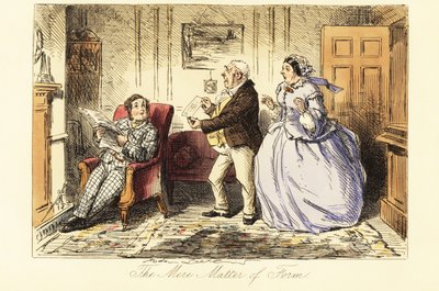 English gentleman lounging in a parlour in front of the fireplace with his outraged parents by John (after) Leech