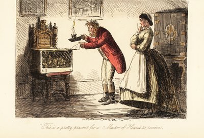 English huntsman in hunting pinks and boots examining a fox in a cage by candlelight by John (after) Leech