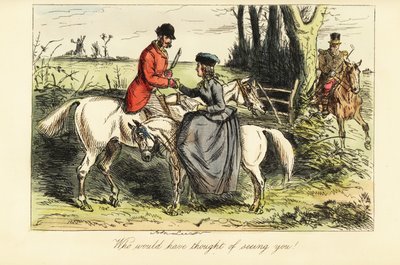 Gentleman on an Old Nag and Lady on a Pony Meet Up During a Fox Hunt by John (after) Leech