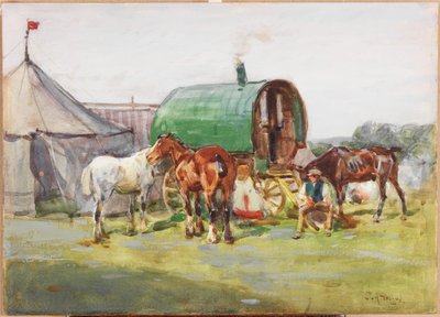 Three Horses and a Green-Roofed Caravan by John Atkinson