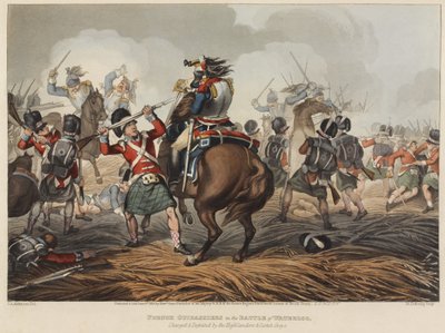 French Cuirassiers in the battle of Waterloo charged and defeated by the Highlanders and Scotch Greys, engraved by M. Dubourg, 1819 by John Augustus Atkinson