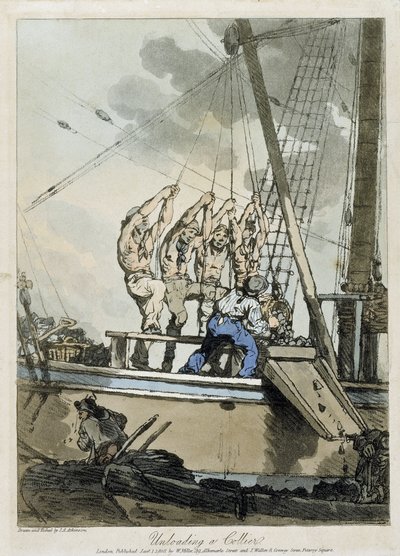 Unloading coal from a cargo and steamboat by John Augustus Atkinson