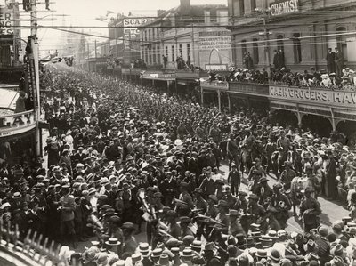 The 12th Battalion, AIF, marching through the city prior to embarking for service overseas, Hobart, Tasmania, 14 October 1914 by John Beattie