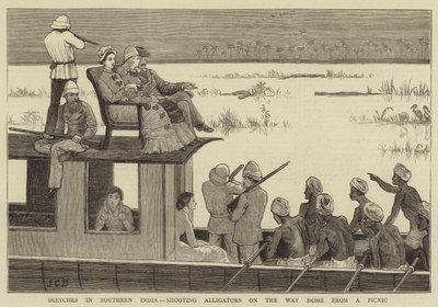 Sketches in Southern India, shooting Alligators on the Way Home from a Picnic by John Charles Dollman