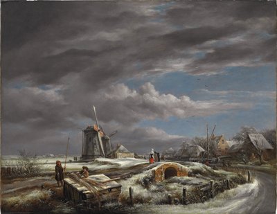 Winter Landscape with Figures on a Path, a Footbridge and Windmills Beyond by John Constable