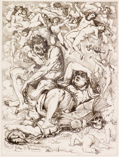 Reclining Figure Holding Cross, the Devil Sitting Nearby Surrounded by Floating Figures by John Duncan