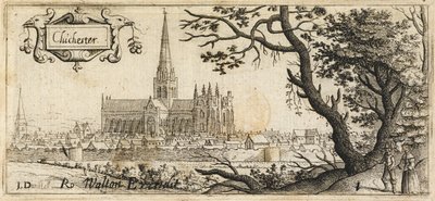 Two figures standing by a large tree with Chichester in the distance by John Dunstall