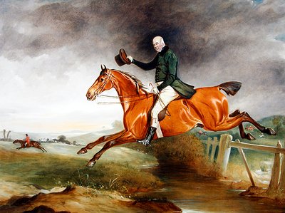 Portrait of George Marriott on His Bay Hunter Taking a Fence with a Hunt Beyond by John E. Ferneley