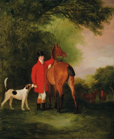 Portrait of Lord Lismore in a Hunting Coat with His Bay Hunter and a Hound, in a Landscape, a Hunting Party Beyond by John E. Ferneley