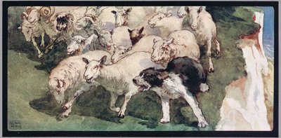 Bobtail sheepdog and flock on cliffs, illustration from 