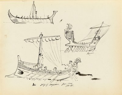Sketches of Early Vessels Including a Roman Sail and Oar Vessel and Ship of Odysseus, 500 BC by John Everett