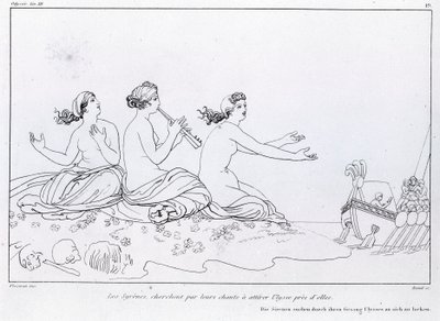 Mermaids seek by their song to attract Ulysses. Drawing by John Flaxman. Homer