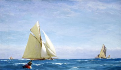 A large sailboat and a barge on the Thames, off the coast of a port, circa 1910 by John Fraser