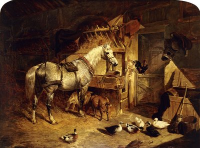 The Interior of a Stable with a Dapple Grey Horse in Harness, with Ducks, Goats, and a Cockerel by a Manger by John Frederick Herring Senior
