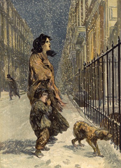 The homeless poor, mother and child with dog in the snow by John Gilbert