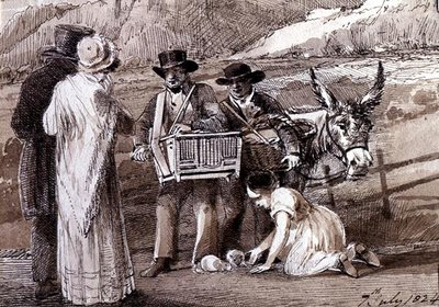 Two men selling guinea pigs, one with an organ grinder by John Harden
