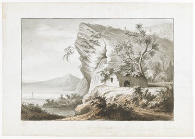 Coastal View in New Zealand, with Native Hut, and a Sailing Canoe in the Bay, from 