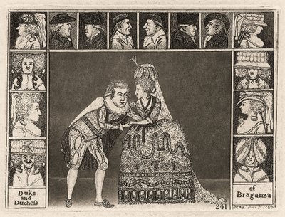 Mary Ann Yates and Laurence Clinch Playing the Duke and Duchess of Braganza in Braganza surrounded by members of the audience. 1785 by John Kay