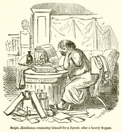 Scipio Aemilianus Cramming Himself for a Speech After a Hearty Supper by John Leech