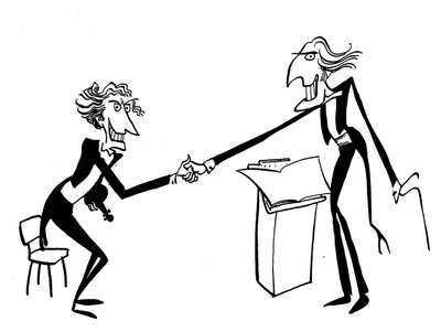 Caricature of a conductor greeting the leader of the orchestra by John Minnion