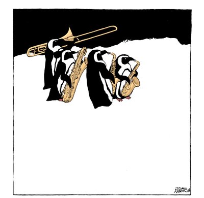 Penguin band - caricature of a group of penguins playing brass instruments - trombone and saxophones by John Minnion