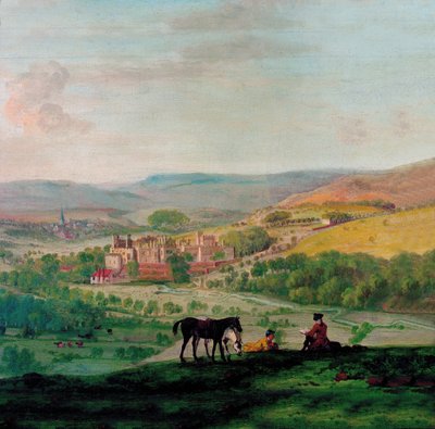 An 18th Century view of Haddon Hall with the village of Bakewell in the background by John Raphael Smith