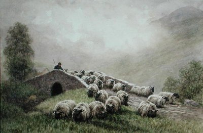 Highland Bridge with Shepherd and Flock by John Robert Keitley Duff