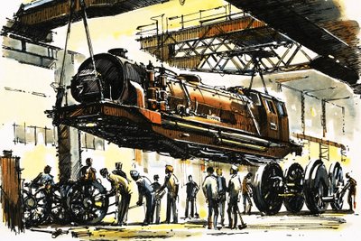 A Beyer-Garratt boiler section lifted clear of the two end units during an overhaul by John S. Smith