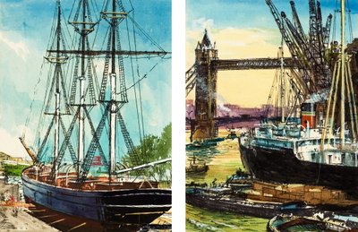 A Tall Ship in the Lower Reaches of the Thames and a Steam-driven Cargo Ship near Tower Bridge by John S. Smith