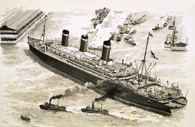 The Steamer Leviathan is Coaxed Towards a Pier at New York Harbour by Tugs by John S. Smith