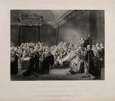 The Death of William Pitt, Lord Chatham, in the Upper Chamber of the Palace of Westminster, 1778. Engraving after J. Copley, 1779. by John Singleton Copley