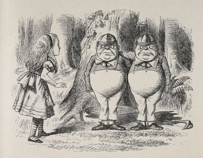 Alice meeting Tweedle Dee and Tweedle Dum for the first time. They were standing under a tree, each with an arm round the other