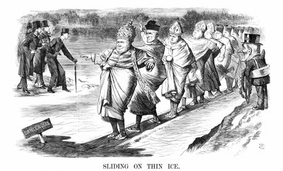 English Converts to Rome Including Newman, Skating on Thin Ice. John Tenniel Cartoon from Punch by John Tenniel