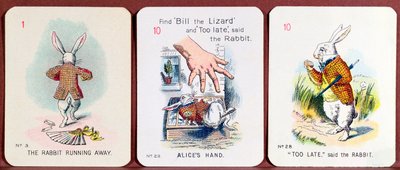 Three Happy Family cards depicting characters from Alice in Wonderland by Lewis Carroll by John Tenniel