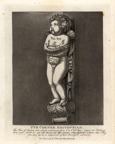 Monument of a boy on Pye Corner, Smithfield, to mark the Fire of London of 1666 in nearby Pudding Lane by John Thomas Smith