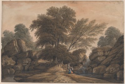 Figures beside a Waterfall and Pool in a Wooded Landscape by John Varley