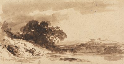River Landscape with Two Figures, Lake and Distant Mountains by John Varley