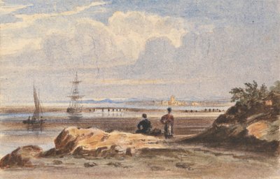 Seashore with Two Figures and a Distant Town by John Varley
