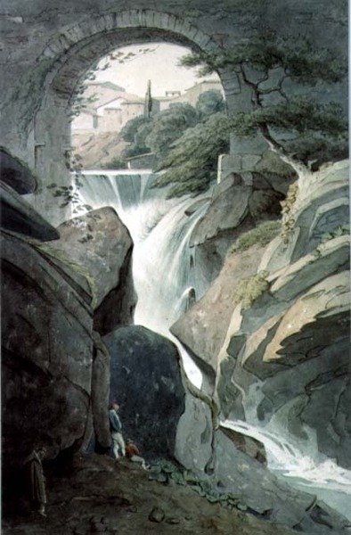 The Falls of Tivoli with three figures in the foreground by John Warwick Smith