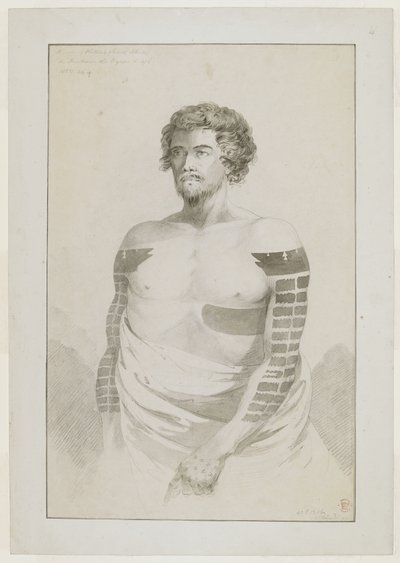 Portrait of a Chief of Borabora; a Bearded Man with Arms Heavily Tattooed with Flat Rectangular Patches, and a Large Patch on His Left Side. December 1777 by John Webber