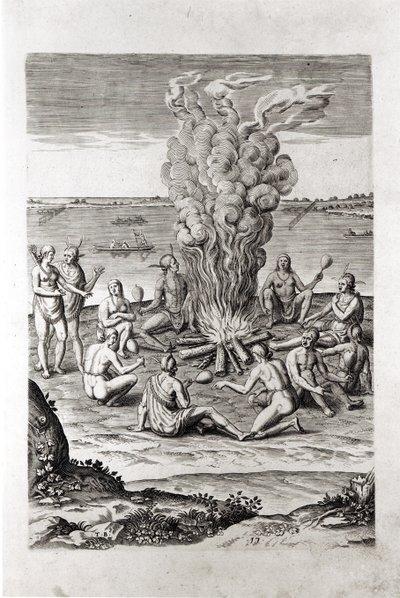 Indians praying around a fire, engraving from Hariot